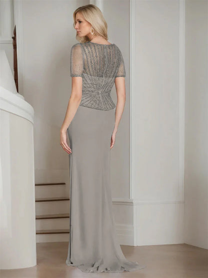Sheath Column V-Neck Short Sleeves Floor-Length Mother of the Bride Dresses