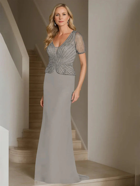 Sheath Column V-Neck Short Sleeves Floor-Length Mother of the Bride Dresses