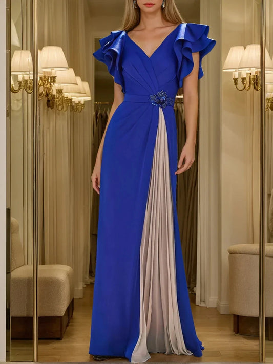 Sheath Column V-Neck Short Sleeves Pleated Mother of the Bride & Groom Dresses with Crystal & Ruffles