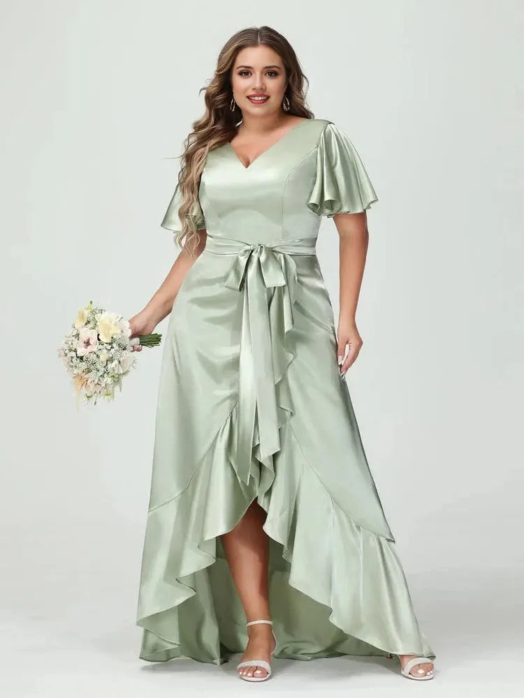 Sheath Column V-Neck Short Sleeves Ruffles Asymmetrical Plus Size Dresses with Pockets & Sash