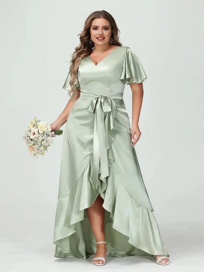 Sheath Column V-Neck Short Sleeves Ruffles Asymmetrical Plus Size Dresses with Pockets & Sash