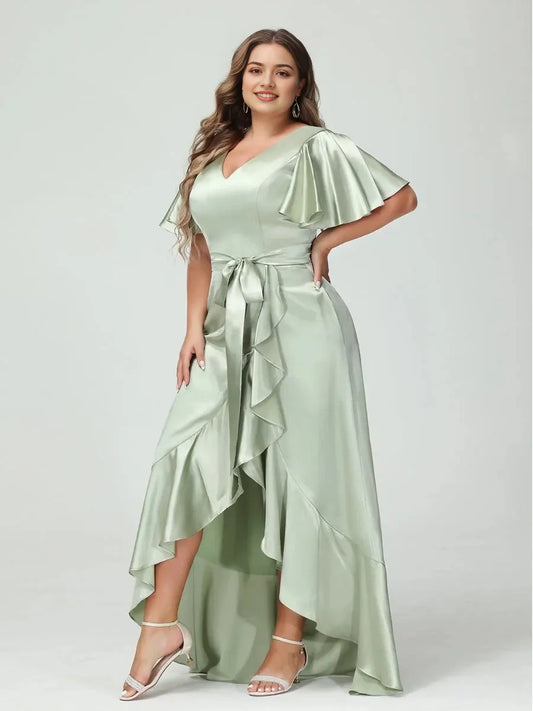 Sheath Column V-Neck Short Sleeves Ruffles Asymmetrical Plus Size Dresses with Pockets & Sash