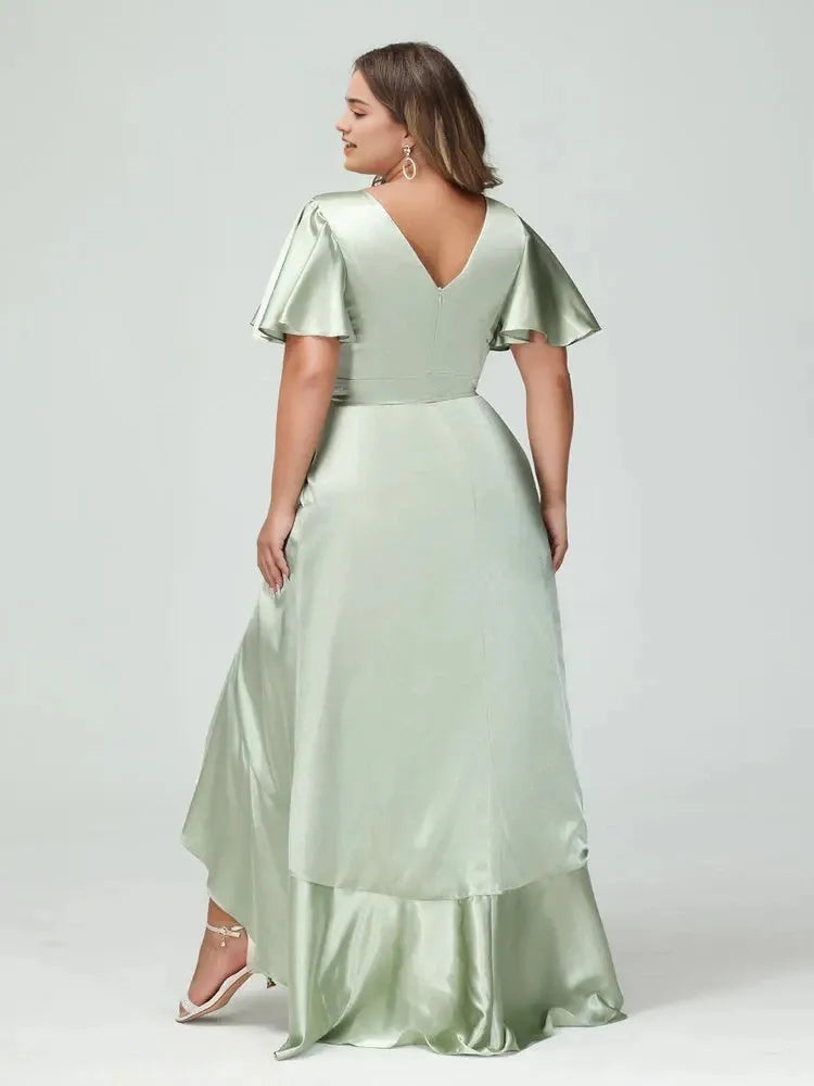 Sheath Column V-Neck Short Sleeves Ruffles Asymmetrical Plus Size Dresses with Pockets & Sash