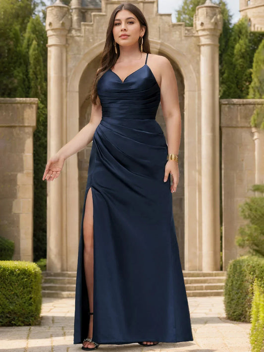 Sheath Column V-Neck Sleeveless Floor-Length Satin Plus Size Prom Dresses With Split Side & Pleated