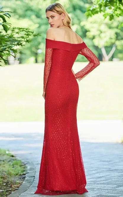 Sheath Elegant Lace Mermaid Off-the-shoulder Long Sleeve Zippered Floor Length Prom Dress/Dress For Formal