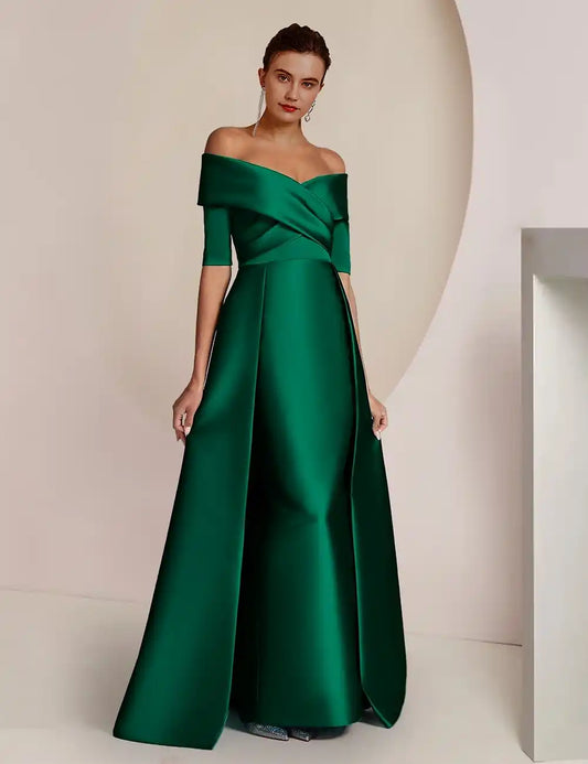Sheath Mother of the Bride Dress Formal Wedding Guest Elegant Party Off Shoulder Floor Length Satin Half Sleeve with Ruching