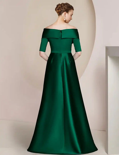Sheath Mother of the Bride Dress Formal Wedding Guest Elegant Party Off Shoulder Floor Length Satin Half Sleeve with Ruching