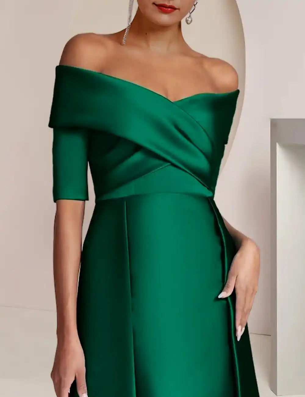 Sheath Mother of the Bride Dress Formal Wedding Guest Elegant Party Off Shoulder Floor Length Satin Half Sleeve with Ruching