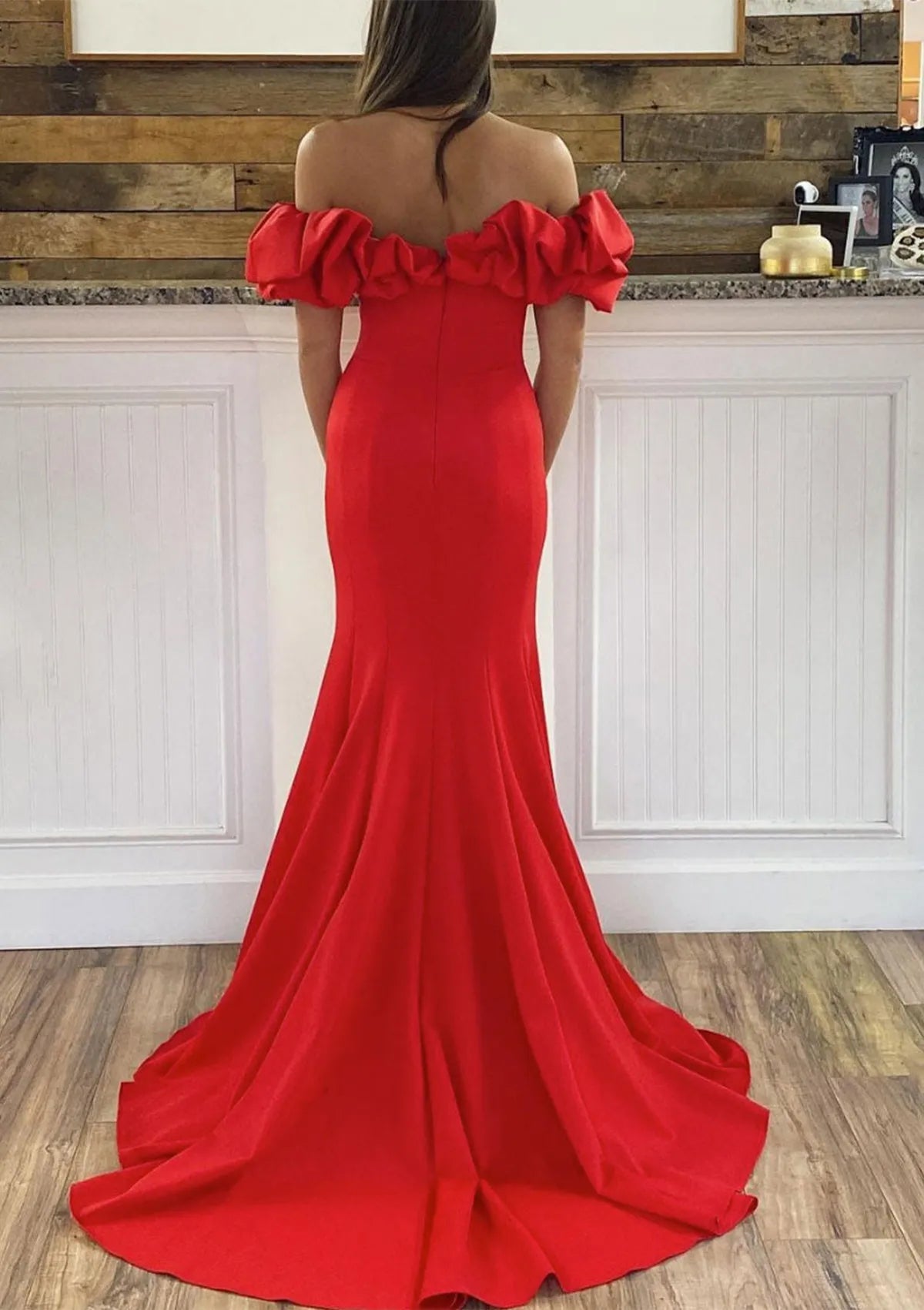 Sheath Off-the-Shoulder Ruffles Satin Red Evening Dress With Sweep Train