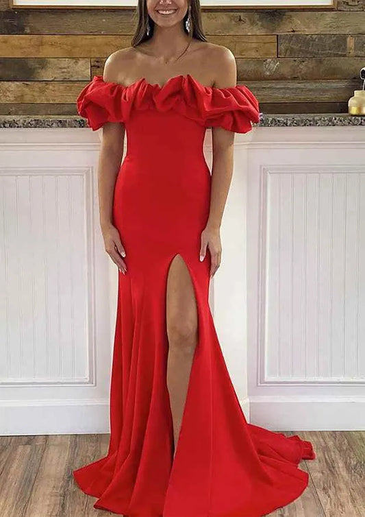 Sheath Off-the-Shoulder Ruffles Satin Red Evening Dress With Sweep Train