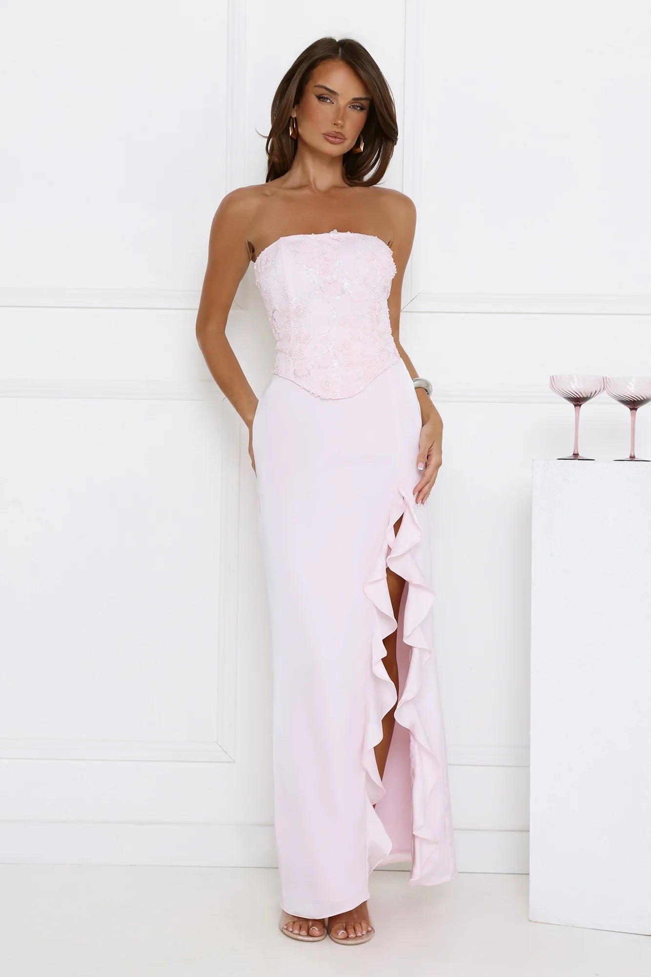 Sheath Strapless Embellished Ruffled Mesh Satin Blush Pink Floor-Length Prom Dress