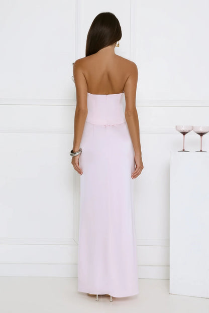 Sheath Strapless Embellished Ruffled Mesh Satin Blush Pink Floor-Length Prom Dress