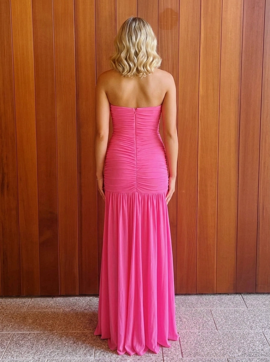 Sheath Strapless Ruched Slit Chiffon Hot Pink Long Prom Dress Ready To Ship