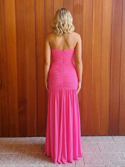 Sheath Strapless Ruched Slit Chiffon Hot Pink Long Prom Dress Ready To Ship