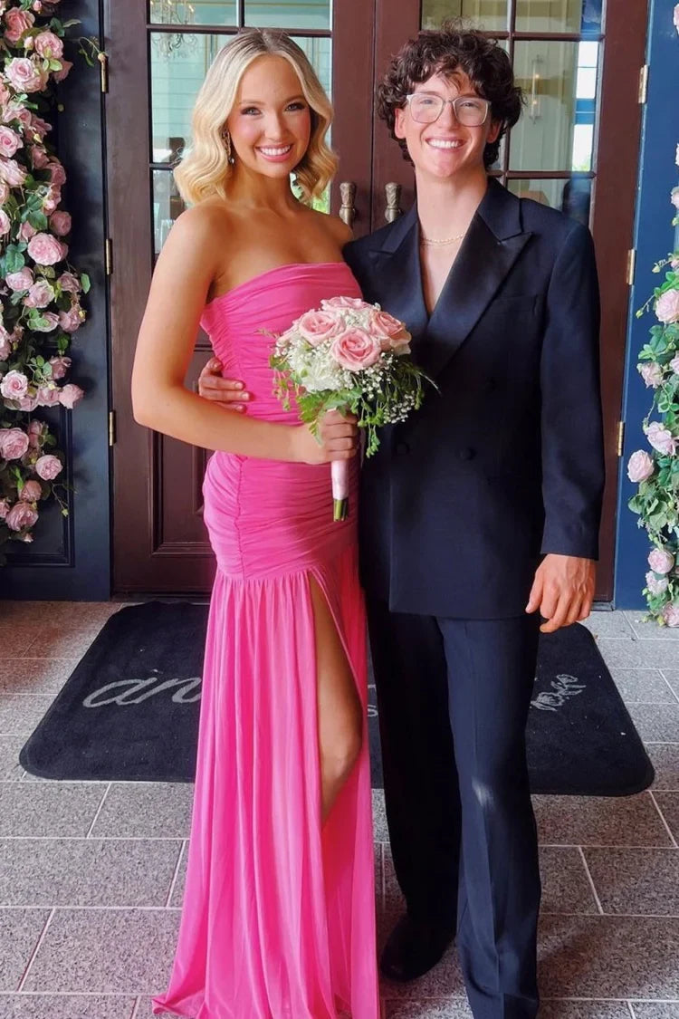 Sheath Strapless Ruched Slit Chiffon Hot Pink Long Prom Dress Ready To Ship