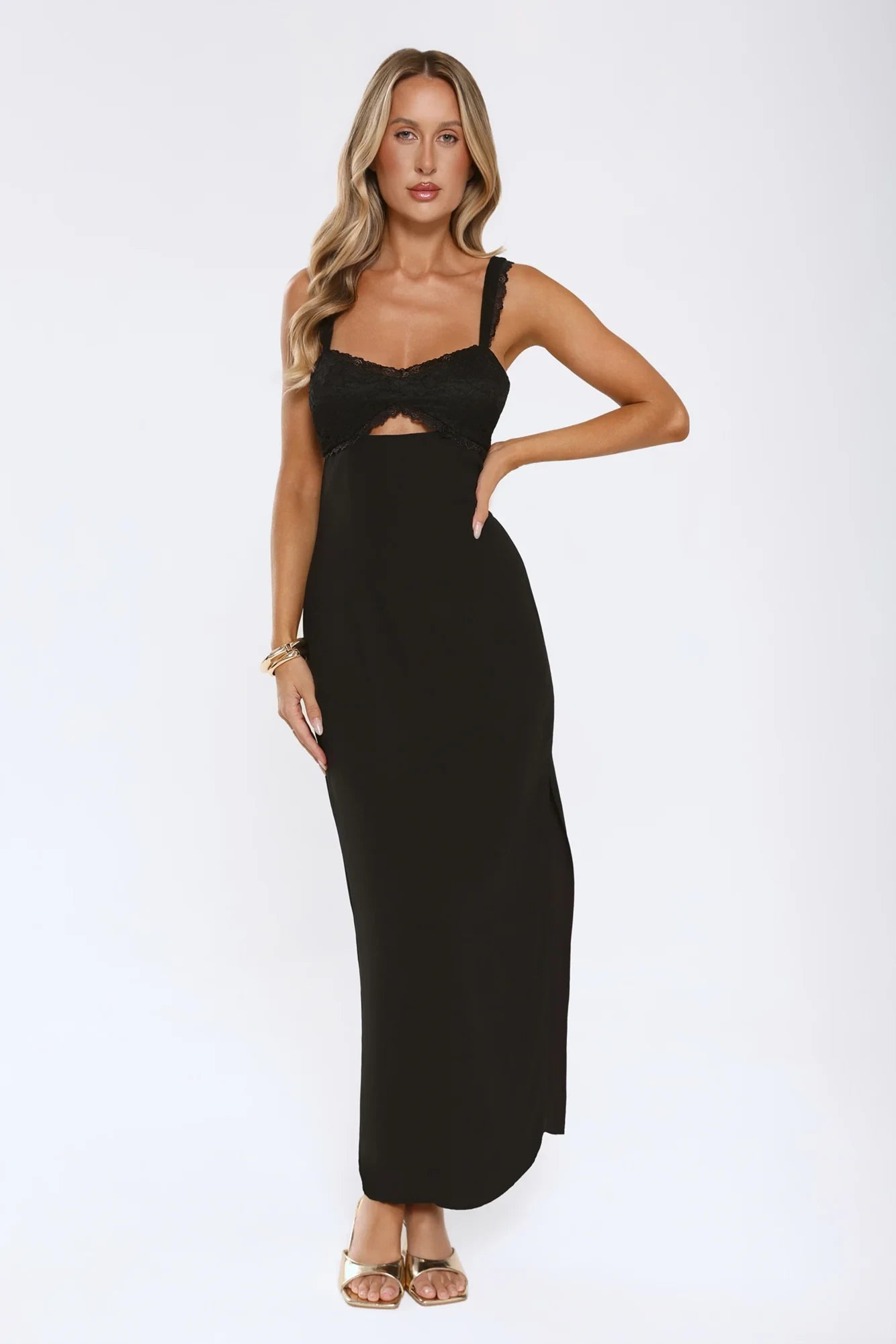 Sheath Sweetheart Keyhole Cutout Lace Black Floor-Length Prom Dress With High Slit