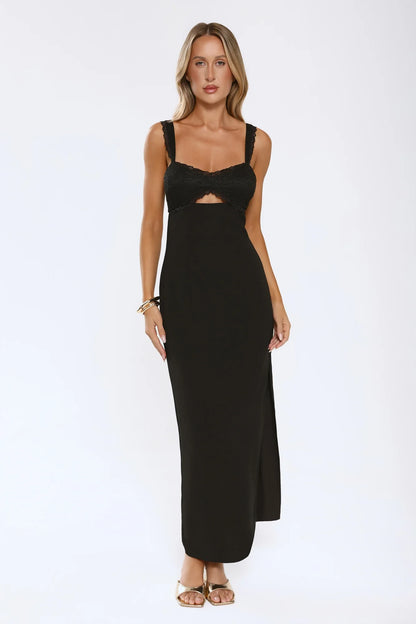 Sheath Sweetheart Keyhole Cutout Lace Black Floor-Length Prom Dress With High Slit