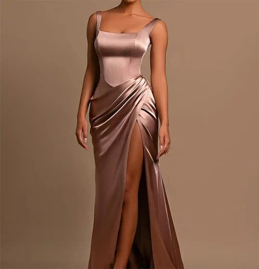 Sheath Column Wide Shoulder Straps Square Neckline Floor-Length Long Formal Evening Dresses With Split Side