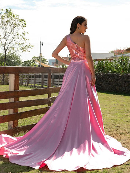 Model posing in an elegant A-line one-shoulder sequin satin prom dress, front view.