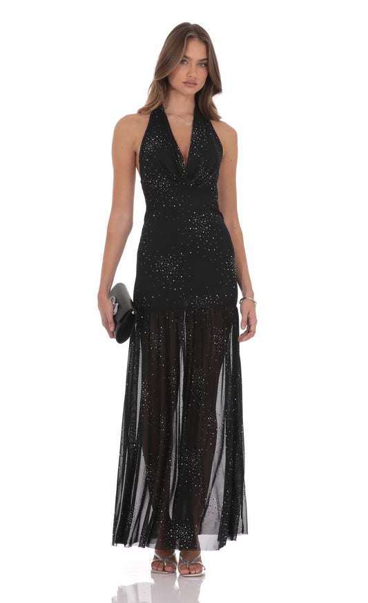 Shimmering Mermaid Halter-Neck Open-Back Sequin-Embellished Black Chiffon Floor-Length Prom Dresses