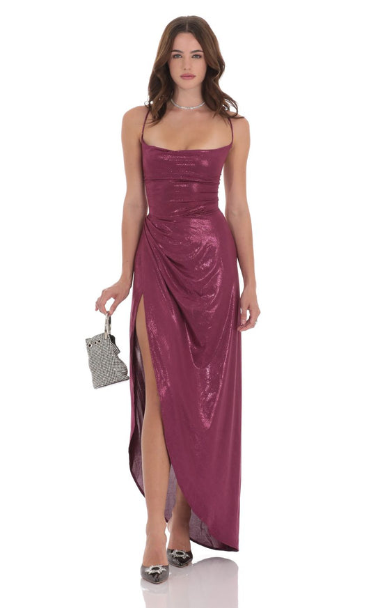 Shimmering Sheath Square-Neck Spaghetti-Strap Lace-Up Open-Back Burgundy Metallic Floor-Length Prom Dresses