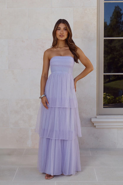 Shimmering A-Line Strapless Tiered Glitter Tulle Lavender Floor-Length Prom Dress