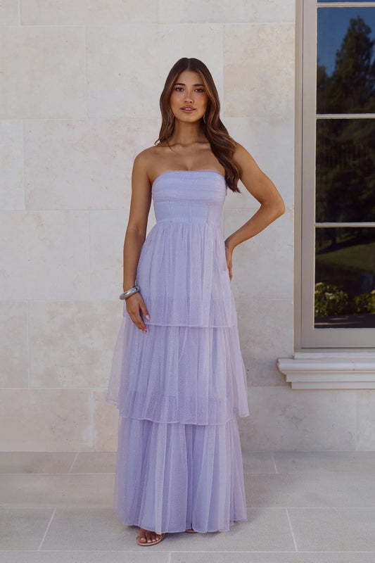 Shimmering A-Line Strapless Tiered Glitter Tulle Lavender Floor-Length Prom Dress