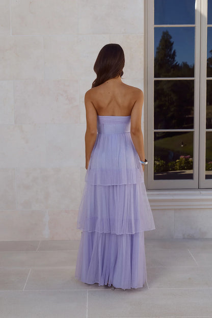 Shimmering A-Line Strapless Tiered Glitter Tulle Lavender Floor-Length Prom Dress