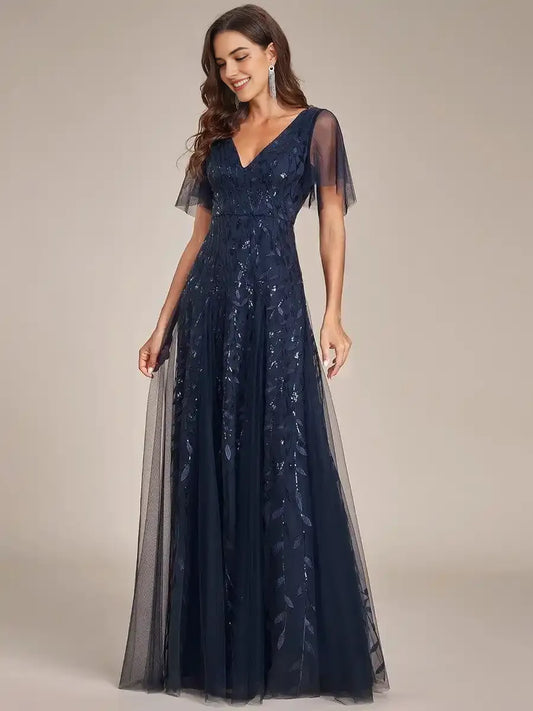 Shimmery Ruffle Sleeves Maxi Sequin Evening Dress Mother Of The Bride Dresses