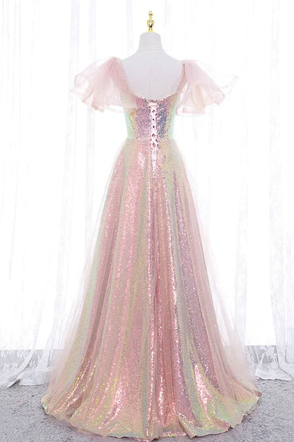 Shimmery Sequin Maxi Evening Dress Iridescent Square Neck Ruffle-Sleeve for Women