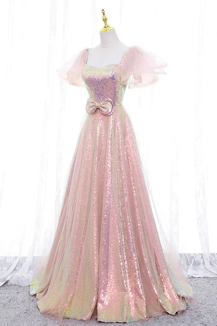 Shimmery Sequin Maxi Evening Dress Iridescent Square Neck Ruffle-Sleeve for Women