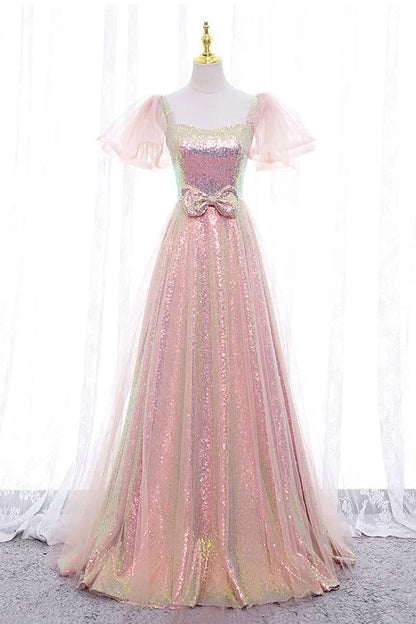 Shimmery Sequin Maxi Evening Dress Iridescent Square Neck Ruffle-Sleeve for Women