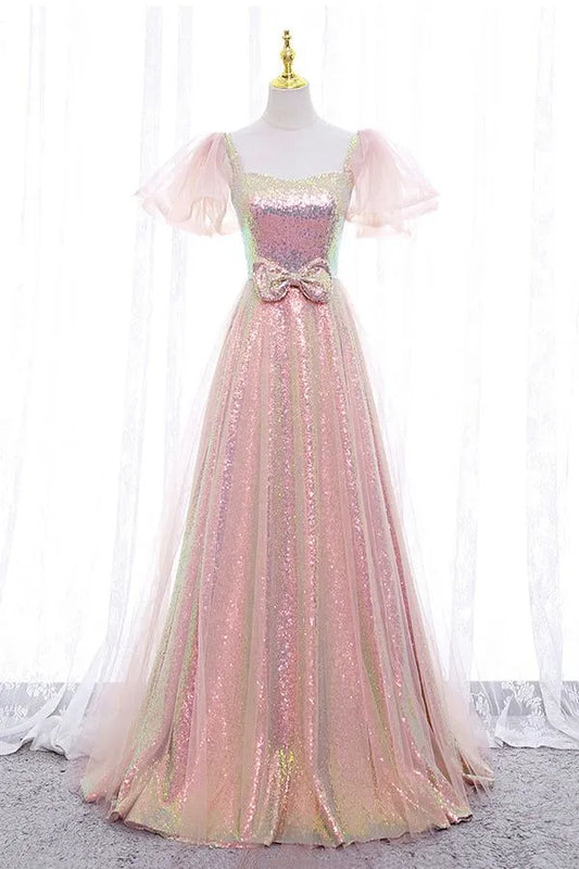 Shimmery Sequin Maxi Evening Dress Iridescent Square Neck Ruffle-Sleeve for Women