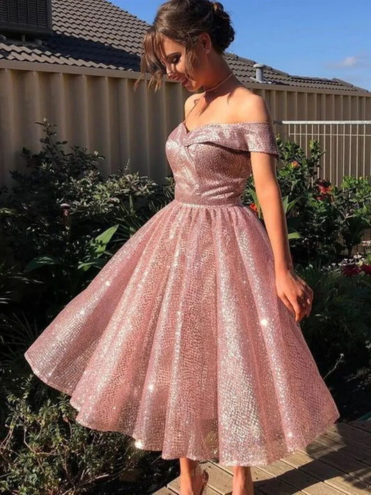 Shiny A-Line Off Shoulder Sleeveless Lace Up Tea-Length Homecoming Dress
