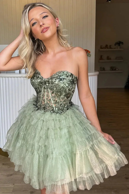 Shiny A-Line Short Sequined Tulle Homecoming Dress Sage Green