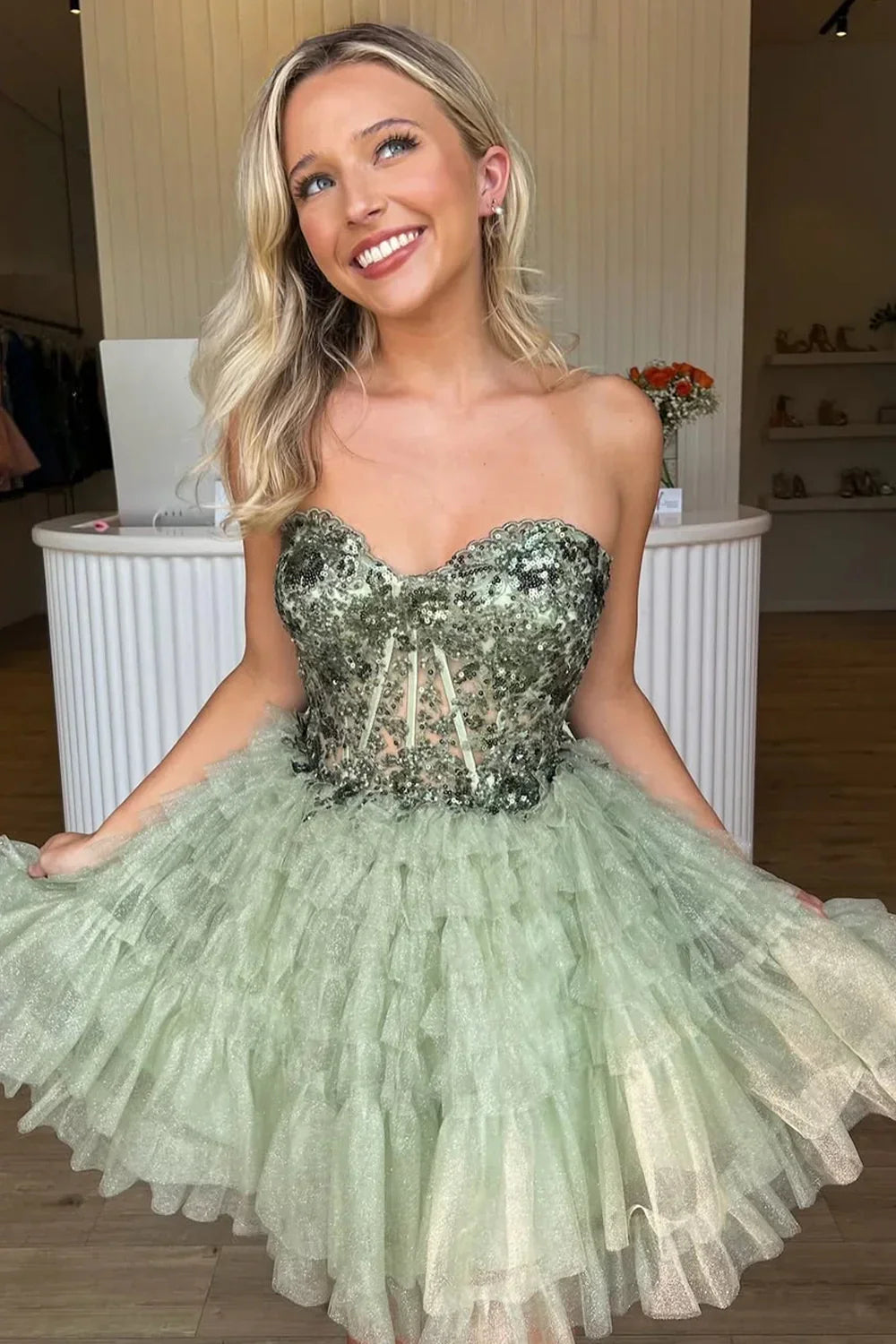 Shiny A-Line Short Sequined Tulle Homecoming Dress Sage Green