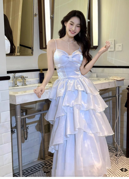Shiny A-line Spaghetti Strap Bow Detail Ruffle Organza Tiered Maxi Prom Dress