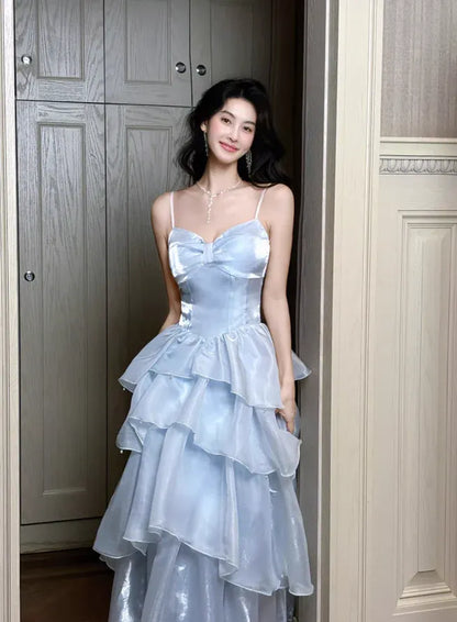 Shiny A-line Spaghetti Strap Bow Detail Ruffle Organza Tiered Maxi Prom Dress