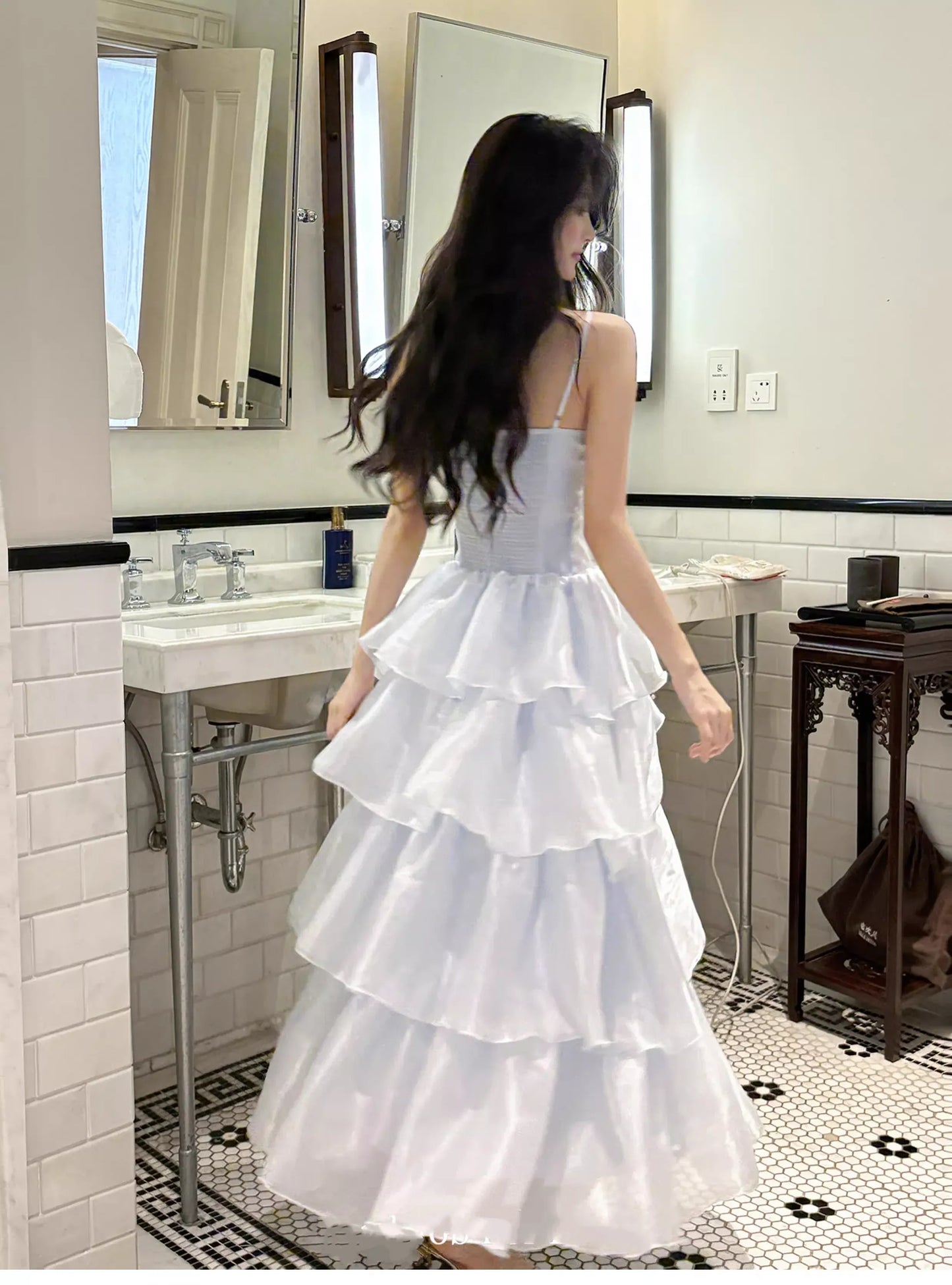 Shiny A-line Spaghetti Strap Bow Detail Ruffle Organza Tiered Maxi Prom Dress