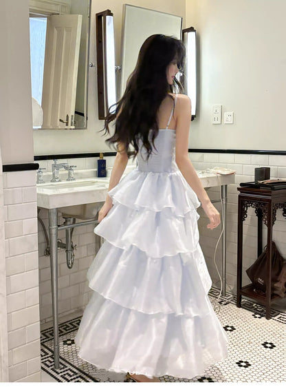 Shiny A-line Spaghetti Strap Bow Detail Ruffle Organza Tiered Maxi Prom Dress
