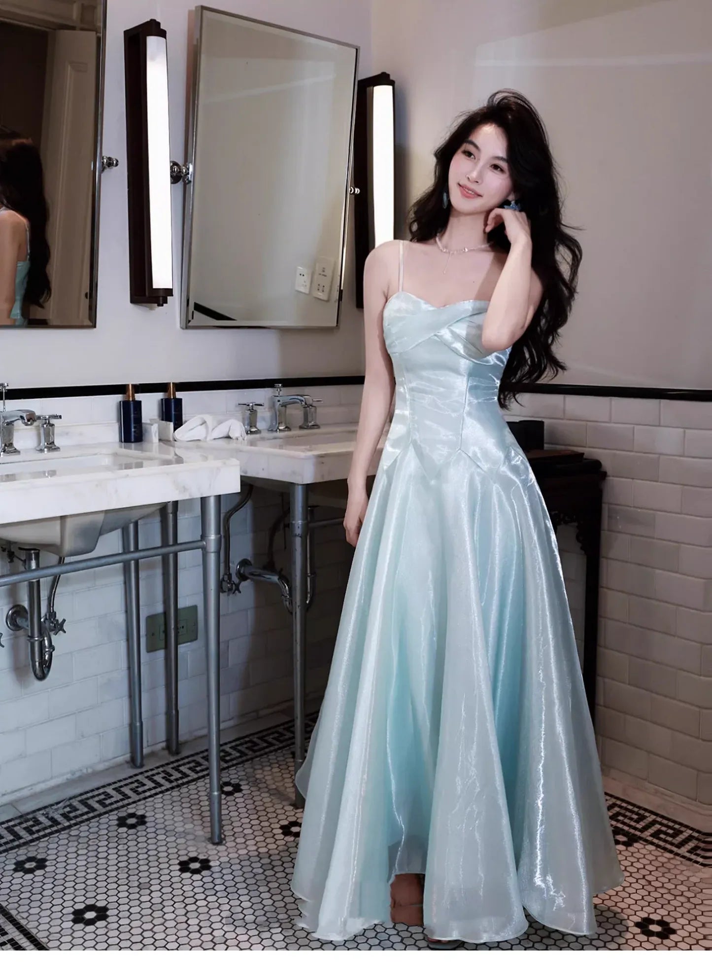 Shiny A-line Spaghetti Strap Ruched Satin Maxi Prom Dress