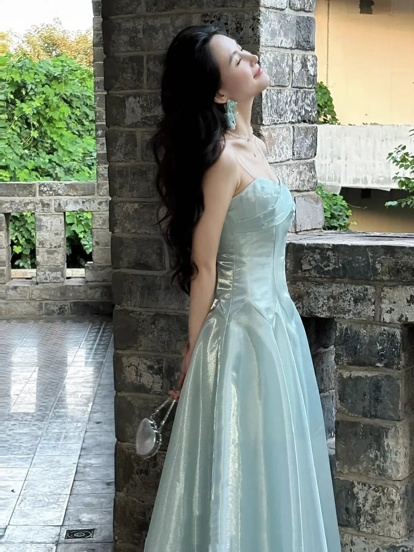 Shiny A-line Spaghetti Strap Ruched Satin Maxi Prom Dress