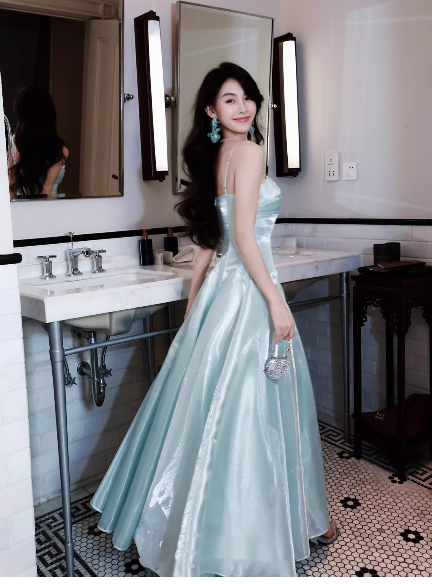 Shiny A-line Spaghetti Strap Ruched Satin Maxi Prom Dress