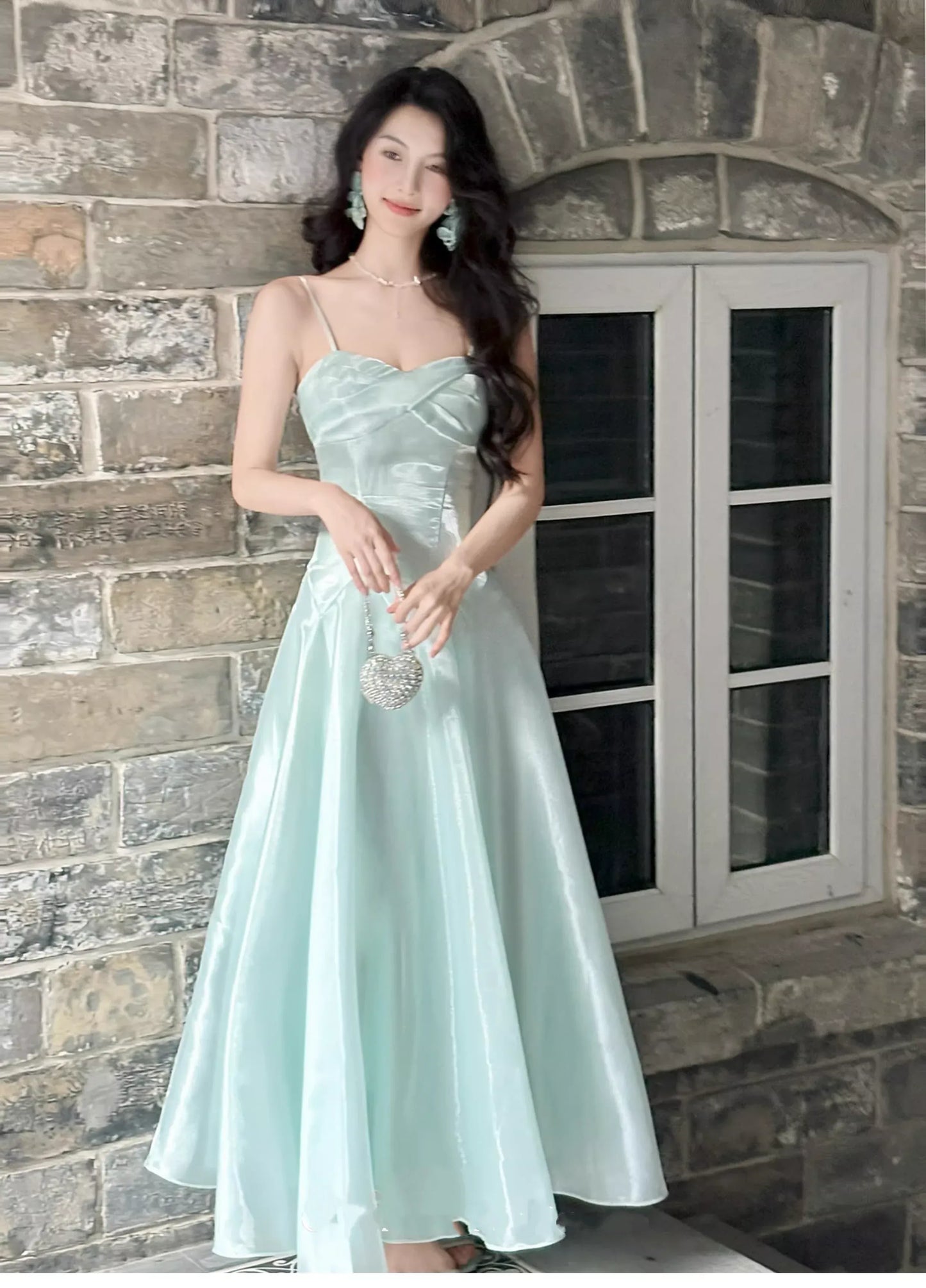 Shiny A-line Spaghetti Strap Ruched Satin Maxi Prom Dress