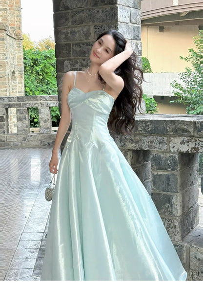 Shiny A-line Spaghetti Strap Ruched Satin Maxi Prom Dress