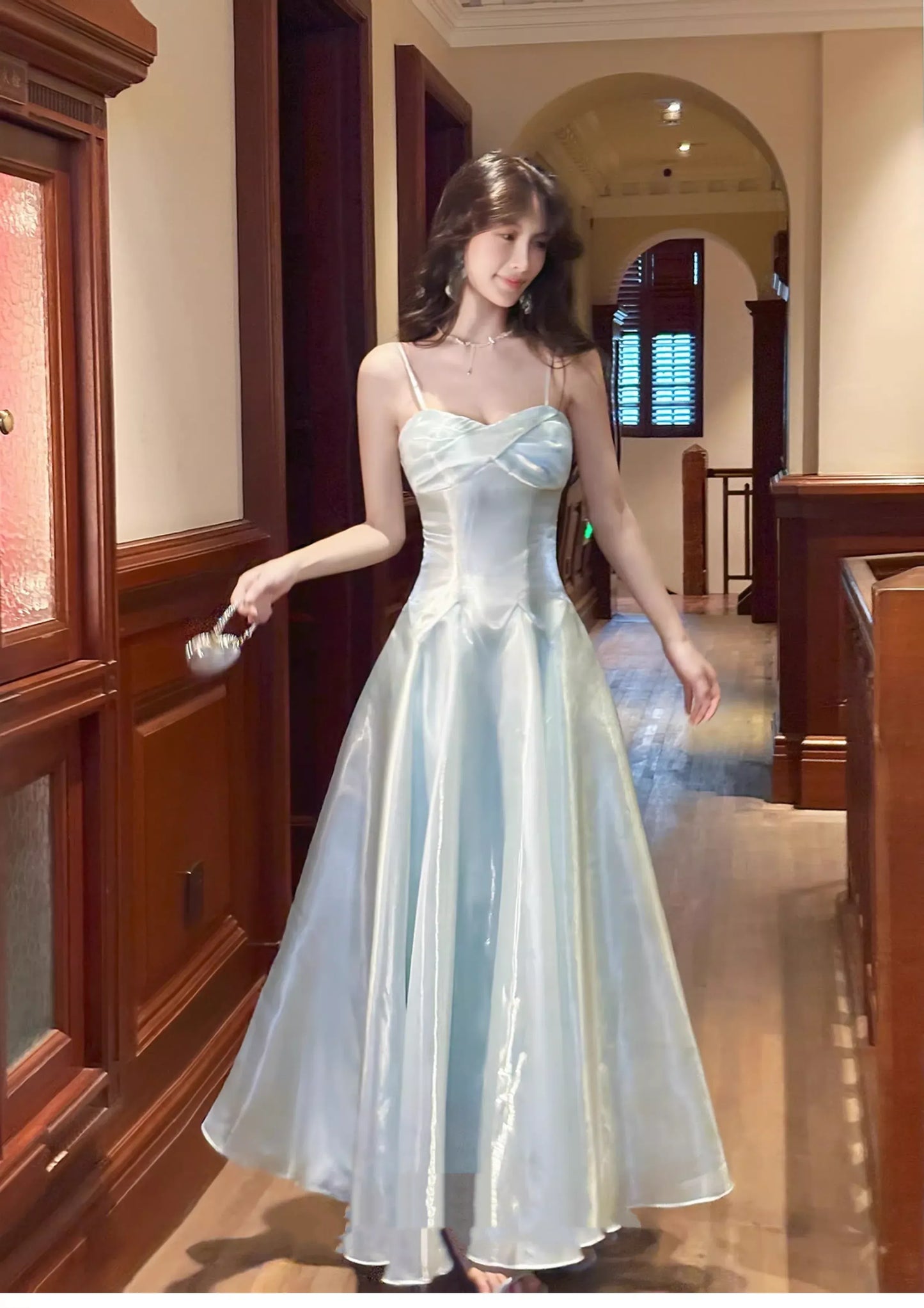Shiny A-line Spaghetti Strap Ruched Satin Maxi Prom Dress
