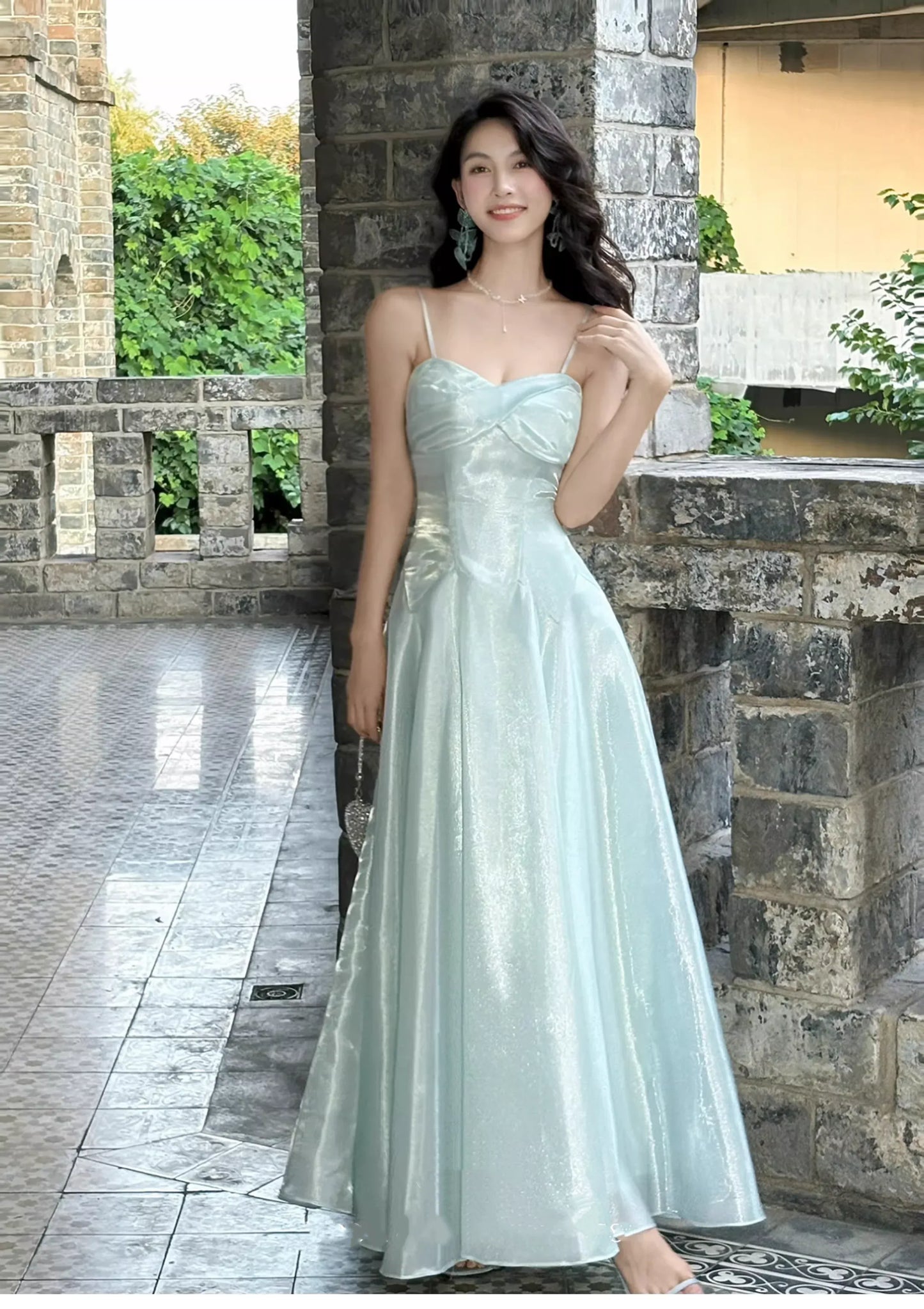 Shiny A-line Spaghetti Strap Ruched Satin Maxi Prom Dress