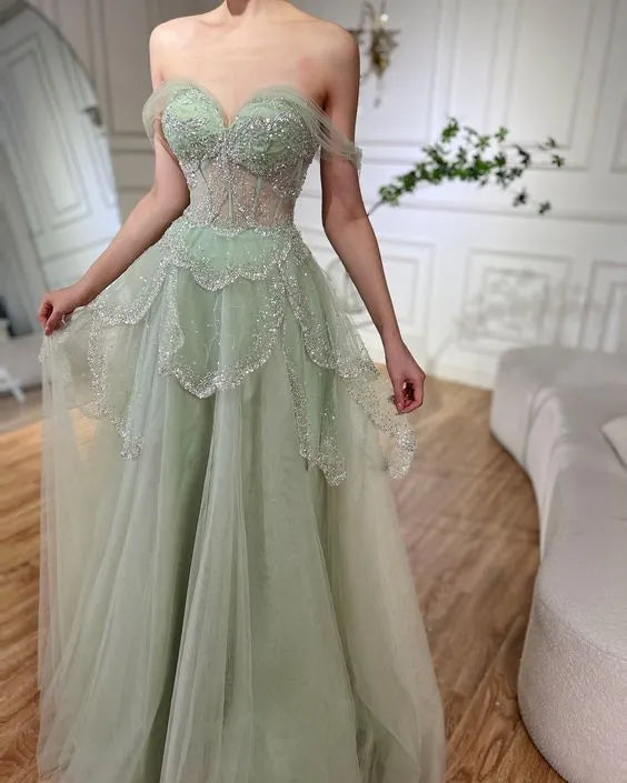 Shiny Ball Gown Off the Shoulder Sleeveless Tulle Pleated Sweep Train Prom Dress