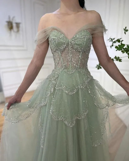 Shiny Ball Gown Off the Shoulder Sleeveless Tulle Pleated Sweep Train Prom Dress
