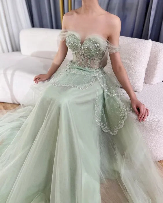 Shiny Ball Gown Off the Shoulder Sleeveless Tulle Pleated Sweep Train Prom Dress